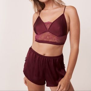NWT La Vie En Rose Prune Satin & Lace 2-Piece Bralette & Shorts Set Size M